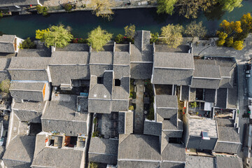 Aerial view of the Landscape of Lili Village, a historic canal town in southwest Suzhou, Jiangsu Province, China