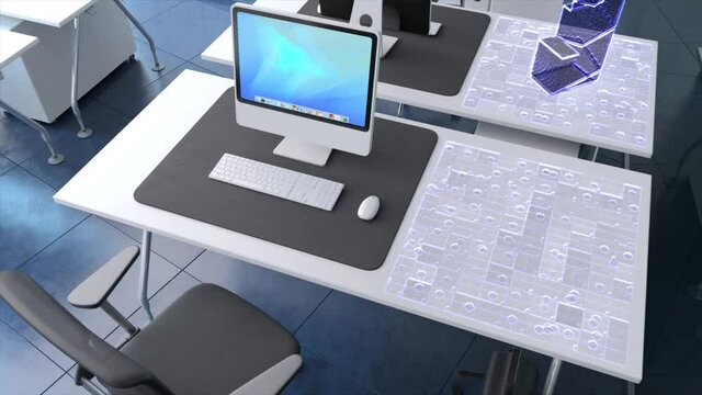 Computer generated animation of Sci-Fi looking office scene with multiple office chairs, I-mac looking computers with keyboard and mouse with all the desks lit up with graphic like lighting.