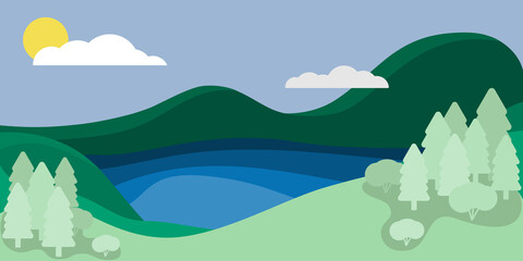Fototapeta na wymiar Vector background in blue-green colors. Clean lake in the mountains during the day. Flat illustration.