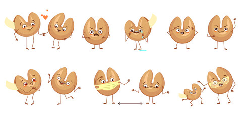 Obraz premium Cute characters chinese fortune cookies with emotions, faces, hands and feet. Happy or sad characters, baked goods with white templates, good luck papers. Festive sweets. Vector flat illustration