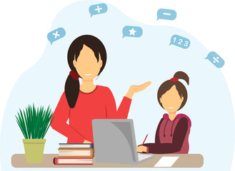 A woman and girl study lessons at the laptop, mother and daughter sitting at the computer, home education concept, flat vector illustration