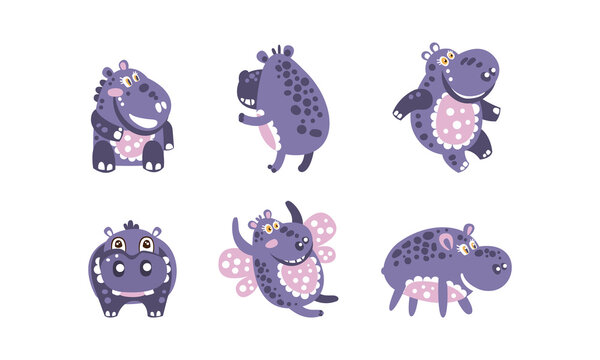 Cute Baby Hippo Collection, Lovely Funny Hippopotamus Different Poses Cartoon Vector Illustration