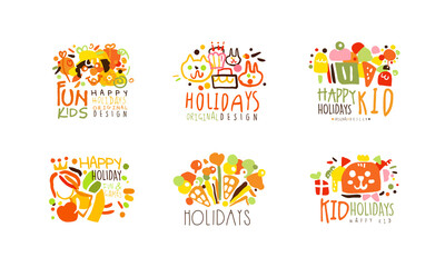 Fun Kids Holidays Logo Original Design Set, Happy Holiday Colorful Hand Drawn Badges Vector Illustration