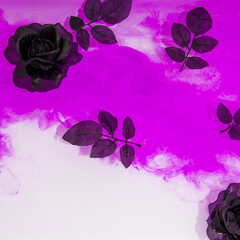 Fashion minimal background. Black roses and pink paint. Abstract