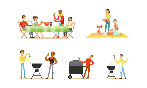 Happy Families Having Picnic Set, People Preparing Barbecue Grill Outdoors Cartoon Vector Illustration
