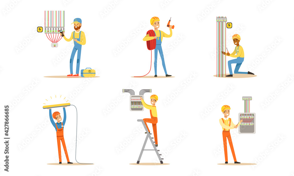 Poster professional electricians at work set, electrician engineers in uniform and hardhat installing and r