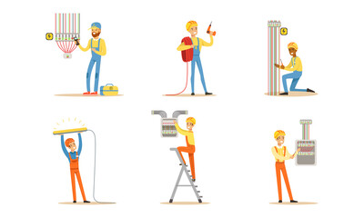 Professional Electricians at Work Set, Electrician Engineers in Uniform and Hardhat Installing and Repairing Electrical Equipment Vector Illustration