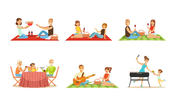 Families and Friends on BBQ Party or Picnic Set, People Preparing Barbecue Grill Outdoors Cartoon Vector Illustration