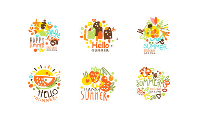 Hello Summer Logo Templates Collection, Summer Vacation, Sale, Tropical Resort Hand Drawn Badges Vector Illustration