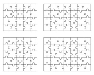 Illustration of four different white puzzles, separate pieces