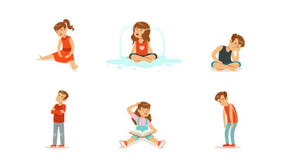 Sad Depressed Children Set, Unhappy Stressed Lonely Kids Cartoon Vector Illustration