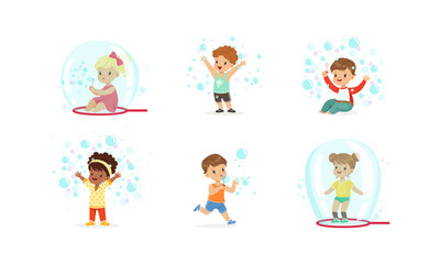 Obraz na płótnie Canvas Happy Lovely Kids Playing Soap Bubbles Set, Cute Boys and Girls Blowing Out Bubbles and Sitting Inside It Cartoon Vector Illustration