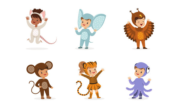 Cute Adorable Kids Wearing Animal Costumes Set, Mouse, Elephant, Owl, Monkey, Tiger, Octopus Cartoon Vector Illustration