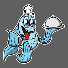 Funny Blue Fish cartoon characters wearing chef hat and carrying a cloche, best for logo or mascot of seafood culinary business