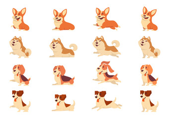 Obraz premium Set of dogs in different poses. Corgi, Akita Inu, Beagle and Jack Russell Terrier in cartoon style.
