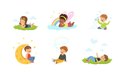 Kids Imagination and Fantasy Concept, Adorable Little Boys and Girls Dreaming about Future Profession, Playing in Fantasy World Cartoon Vector Illustration