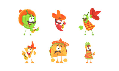 Traditional Mexican Food Characters Set, Funny Pepper, Nachos, Taco, Burrito in National Clothes Cartoon Vector Illustration