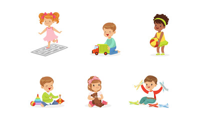 Happy Cute Kids Playing Toys Set, Little Boys and Girls Hugging Teddy Bear, Playing with Ball, Car, Pyramid Cartoon Vector Illustration
