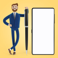 Signing a contract through an application on a smartphone. Electronic signature, digital currency, smart contract. Online contract, internet payment. 3D illustration in cartoon style.