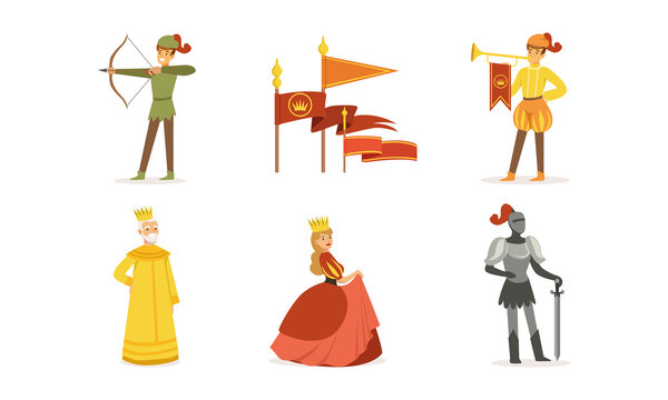 Medieval Kingdom Set, European Middle Ages or Fairy Tale Characters, Archer, Herald, King, Queen, Knight Cartoon Vector Illustration