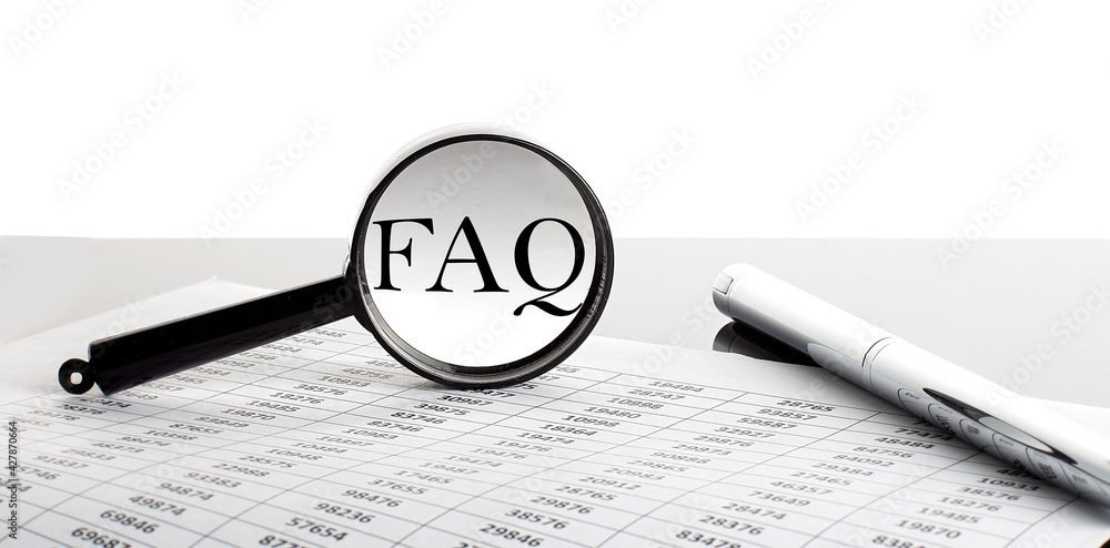 Poster magnifying glass with text faq on chart background with pen
