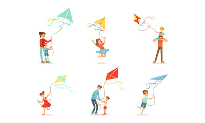 Children Having Fun with Kites Outdoors Set, Parents and Kids Spending Good Time Together in Park Cartoon Vector Illustration