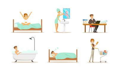 People Daily Routine Set, Man and Woman in Everyday Life, People Sleeping, Bathing, Working Cartoon Vector Illustration