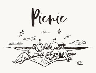 Happy friends siting beach rug picnic sea vector