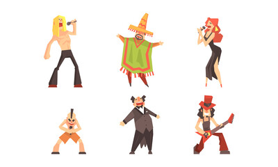 Set of People Playing Music and Singing in Different Genres and Styles Cartoon Vector Illustration
