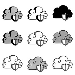 Obraz premium cloud and shield doodle vector icon. Drawing sketch illustration hand drawn line eps10