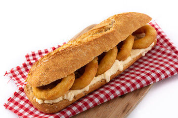 Calamari rings sandwich isolated on white background, typical food from Madrid	