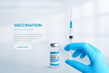 Covid-19 coronavirus vaccine concept. Realistic medical glass vial with metal cap and syringe in hand vector background. Vaccination against 2019-nCoV virus. Covid19 immunization treatment.