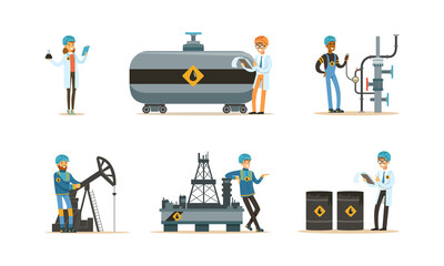 Set of Engineers and Workers Working in Oil Industry, Oilmen in Uniform Working at Pipeline, Oil, Gas Production and Transportation Cartoon Vector Illustration