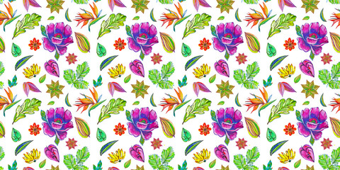 Seamless pattern on green background of fairy flowers. Flowers watercolor with colored pencils. For textile or wallpaper or case for fone.