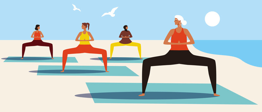 Young, adults, old women together, yoga class, flat vector stock illustration with women doing yoga asanas in nature at the seaside resort
