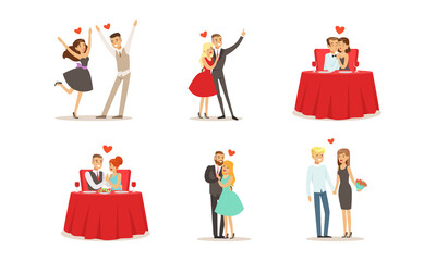 Happy Romantic Couples on Date Set, Young Men and Women Celebrating Holidays, Embracing, Having Fun Together Cartoon Vector Illustration