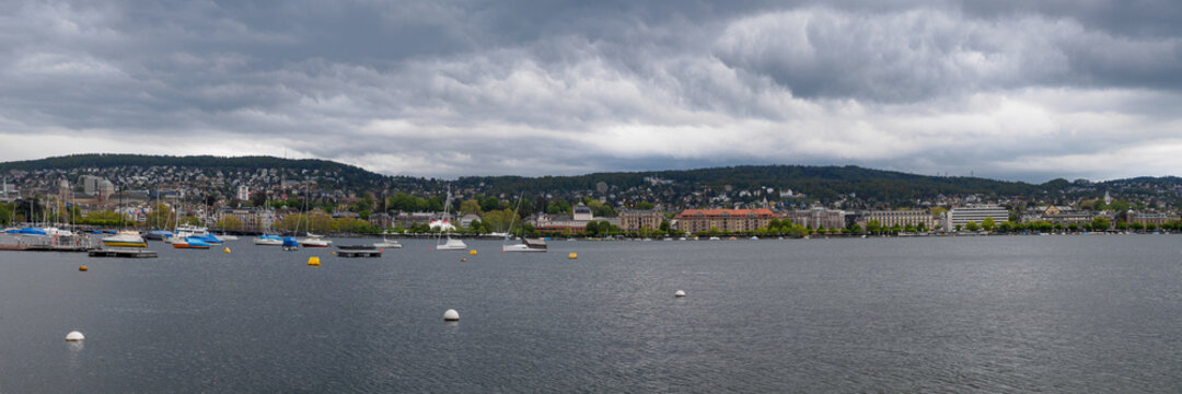 Panoramic view of Lake Zurich, cloudy autumn day, Canton Zurich, Switzerland
