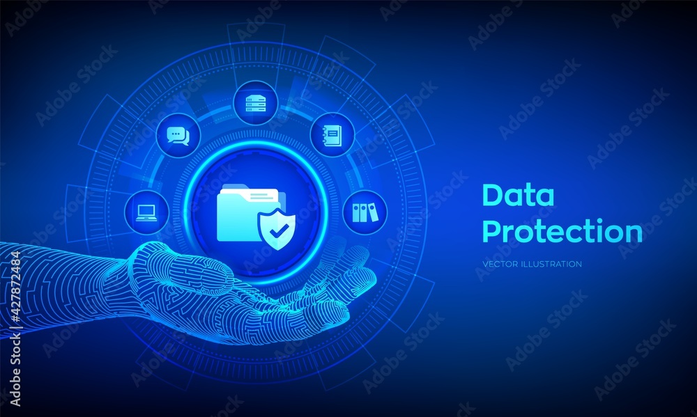 Aufkleber data protection icon in robotic hand. personal data security concept on virtual screen. protected fo