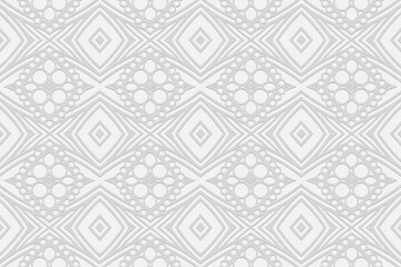 Geometric volumetric convex decorative white background. Ethnic African, Mexican, Native American motives. 3d relief pattern. Abstract style for design and decoration.
