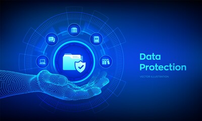 Data protection icon in robotic hand. Personal data security concept on virtual screen. Protected folder icon. Cyber security. Internet privacy and safety. Vector illustration.