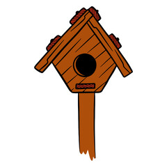 Squorer for birds. House for birds. Wooden house. Cartoon style.