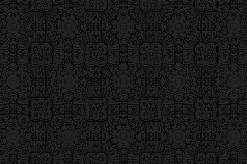 Geometric volumetric convex trendy curly black background. Ethnic African, Mexican, Native American motives. 3d relief pattern. Abstract style for design and decoration.
