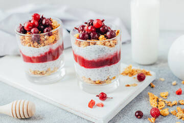 close-up of chia pudding with yogurt granola currant on the background of a bottle of milk on a gray background