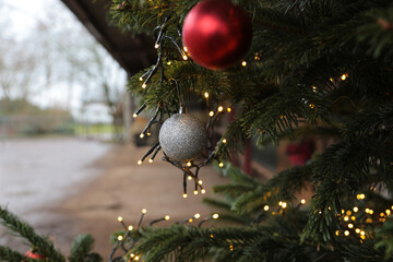Weihnachtskugel am Tannenbaum und eine Lichterkette