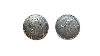1978 Italian 50 Lire Coin Front and Back Side Isolated on White Background