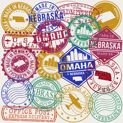 Omaha Nebraska Set of Stamps. Travel Stamp. Made In Product. Design Seals Old Style Insignia.