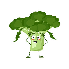 Cute broccoli character with emotions in a panic grabs his head, face, arms and legs. The funny or sad hero, green vegetable or cabbage