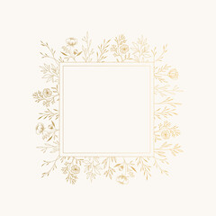Floral rectangle frame. Golden flowers and leaves decoration. 