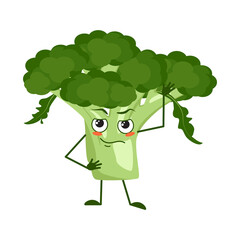 Cute broccoli character with face and emotions, arms and legs. The funny or sad hero, green vegetable or cabbage