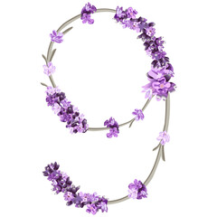 vector image of the number 9 in the form of lavender sprigs in bright purple colors